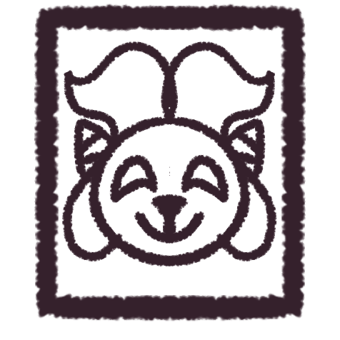 a dark magenta, almost black, drawing of a goat like jester on a white card with a border that is the same color as the drawing